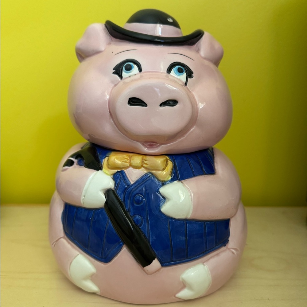 Large Vintage Dapper Piggy Cookie Jar with Blue Vest